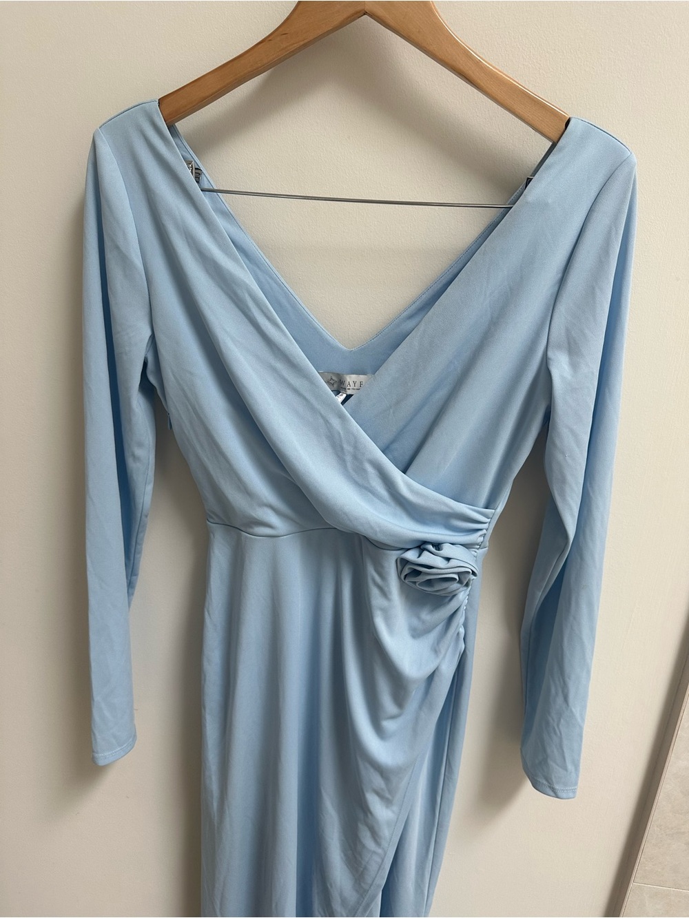 NWT Wayf Light Blue Long Sleeve Wrap Maxi Dress with Side Rosette